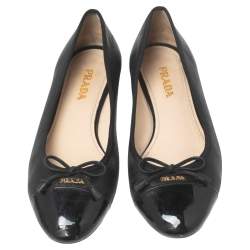 Pre Owned Prada Black Leather and Patent Cap-Toe Bow Ballet Flats Size 37.5