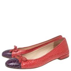 Pre Owned Prada Red/Purple Croc Embossed Leather Bow Ballet Flats Size 37