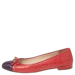 Pre Owned Prada Red/Purple Croc Embossed Leather Bow Ballet Flats Size 37