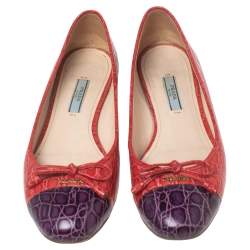 Pre Owned Prada Red/Purple Croc Embossed Leather Bow Ballet Flats Size 37