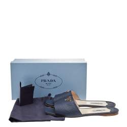 Pre Owned Prada Navy Blue Saffiano Leather Logo Embellished Flat Slides Size 41