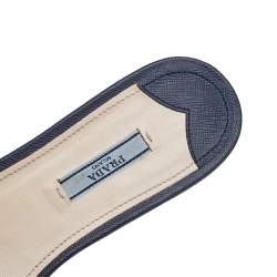 Pre Owned Prada Navy Blue Saffiano Leather Logo Embellished Flat Slides Size 41