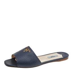 Pre Owned Prada Navy Blue Saffiano Leather Logo Embellished Flat Slides Size 41