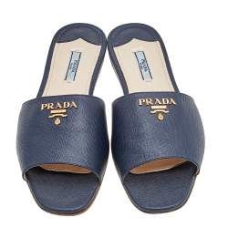Pre Owned Prada Navy Blue Saffiano Leather Logo Embellished Flat Slides Size 41