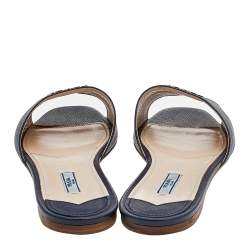 Pre Owned Prada Navy Blue Saffiano Leather Logo Embellished Flat Slides Size 41