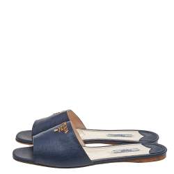 Pre Owned Prada Navy Blue Saffiano Leather Logo Embellished Flat Slides Size 41
