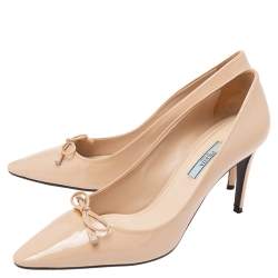 Pre Owned Prada Beige Patent Leather Bow Pointed Toe Pumps Size 40