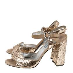 Pre Owned Prada Metallic Beige Glitter And Suede Block Heel Ankle Strap Sandals Size 39