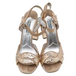 Pre Owned Prada Metallic Beige Glitter And Suede Block Heel Ankle Strap Sandals Size 39