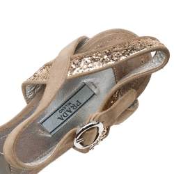 Pre Owned Prada Metallic Beige Glitter And Suede Block Heel Ankle Strap Sandals Size 39