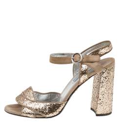 Pre Owned Prada Metallic Beige Glitter And Suede Block Heel Ankle Strap Sandals Size 39