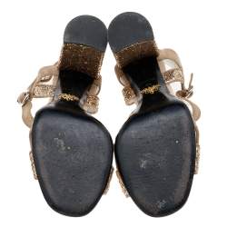 Pre Owned Prada Metallic Beige Glitter And Suede Block Heel Ankle Strap Sandals Size 39