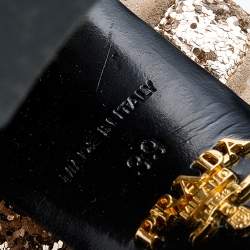 Pre Owned Prada Metallic Beige Glitter And Suede Block Heel Ankle Strap Sandals Size 39