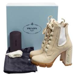 Pre Owned Prada Vanilla Leather and Neoprene Lace Up Combat Platform Boots Size 39