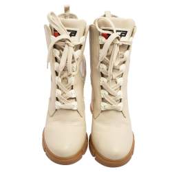 Pre Owned Prada Vanilla Leather and Neoprene Lace Up Combat Platform Boots Size 39