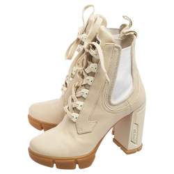 Pre Owned Prada Vanilla Leather and Neoprene Lace Up Combat Platform Boots Size 39