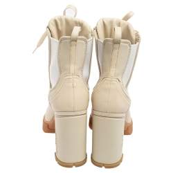 Pre Owned Prada Vanilla Leather and Neoprene Lace Up Combat Platform Boots Size 39