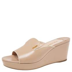 Pre Owned Prada Beige Saffiano Patent Leather Wedge Slide Sandals Size 41