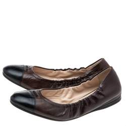 Pre Owned Prada Brown/Black Leather Scrunch Ballet Flats Size 36.5