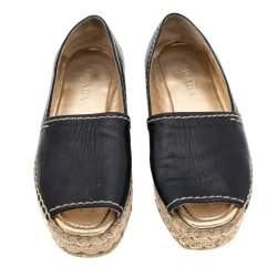 Pre Owned Prada Black Leather Peep Toe Platform Espadrille Flats Size 37.5