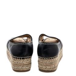 Pre Owned Prada Black Leather Peep Toe Platform Espadrille Flats Size 37.5