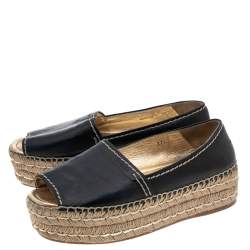 Pre Owned Prada Black Leather Peep Toe Platform Espadrille Flats Size 37.5