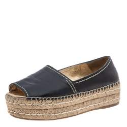 Pre Owned Prada Black Leather Peep Toe Platform Espadrille Flats Size 37.5