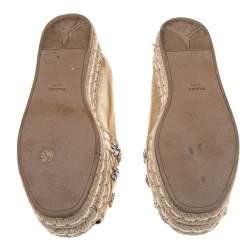 Pre Owned Prada Metallic Gold Leather Crystal Embellished Peep Toe Platform Espadrille Flats Size 37