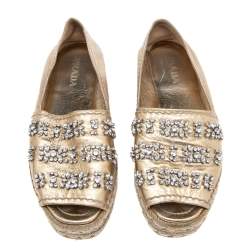 Pre Owned Prada Metallic Gold Leather Crystal Embellished Peep Toe Platform Espadrille Flats Size 37