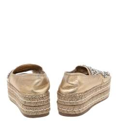 Pre Owned Prada Metallic Gold Leather Crystal Embellished Peep Toe Platform Espadrille Flats Size 37