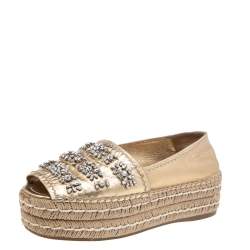 Pre Owned Prada Metallic Gold Leather Crystal Embellished Peep Toe Platform Espadrille Flats Size 37