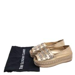 Pre Owned Prada Metallic Gold Leather Crystal Embellished Peep Toe Platform Espadrille Flats Size 37