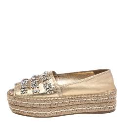 Pre Owned Prada Metallic Gold Leather Crystal Embellished Peep Toe Platform Espadrille Flats Size 37