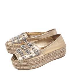 Pre Owned Prada Metallic Gold Leather Crystal Embellished Peep Toe Platform Espadrille Flats Size 37