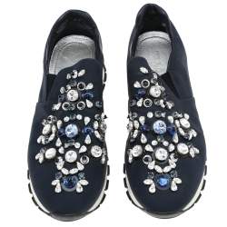Pre Owned Prada Navy Blue Canvas Crystal Embellished Slip On Sneakers Size 37.5