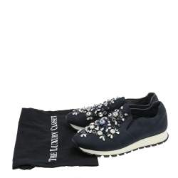 Pre Owned Prada Navy Blue Canvas Crystal Embellished Slip On Sneakers Size 37.5