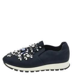 Pre Owned Prada Navy Blue Canvas Crystal Embellished Slip On Sneakers Size 37.5