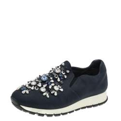 Pre Owned Prada Navy Blue Canvas Crystal Embellished Slip On Sneakers Size 37.5