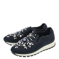 Pre Owned Prada Navy Blue Canvas Crystal Embellished Slip On Sneakers Size 37.5
