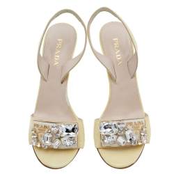 Prada Light Yellow Patent Leather Crystal Studded Bow Slingback Sandals Size 37.5