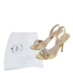 Prada Light Yellow Patent Leather Crystal Studded Bow Slingback Sandals Size 37.5