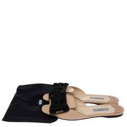 Prada Beige/Black Patent Leather and Fabric Bow Flat Slides Size 37.5 