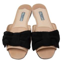 Prada Beige/Black Patent Leather and Fabric Bow Flat Slides Size 37.5 