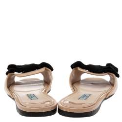 Prada Beige/Black Patent Leather and Fabric Bow Flat Slides Size 37.5 
