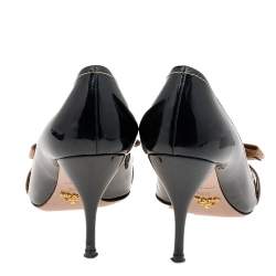 Pre Owned Prada Black/Brown Patent And Leather Bow Peep Toe Pumps Size 39.5