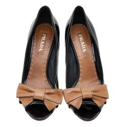 Pre Owned Prada Black/Brown Patent And Leather Bow Peep Toe Pumps Size 39.5