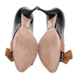 Pre Owned Prada Black/Brown Patent And Leather Bow Peep Toe Pumps Size 39.5