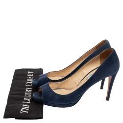 Prada Navy Blue Suede Peep-Toe Platform Pumps Size 38.5