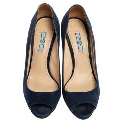 Prada Navy Blue Suede Peep-Toe Platform Pumps Size 38.5