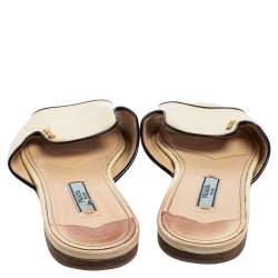 Pre Owned Prada Cream Vernice Saffiano Leather Flat Slides Size 37